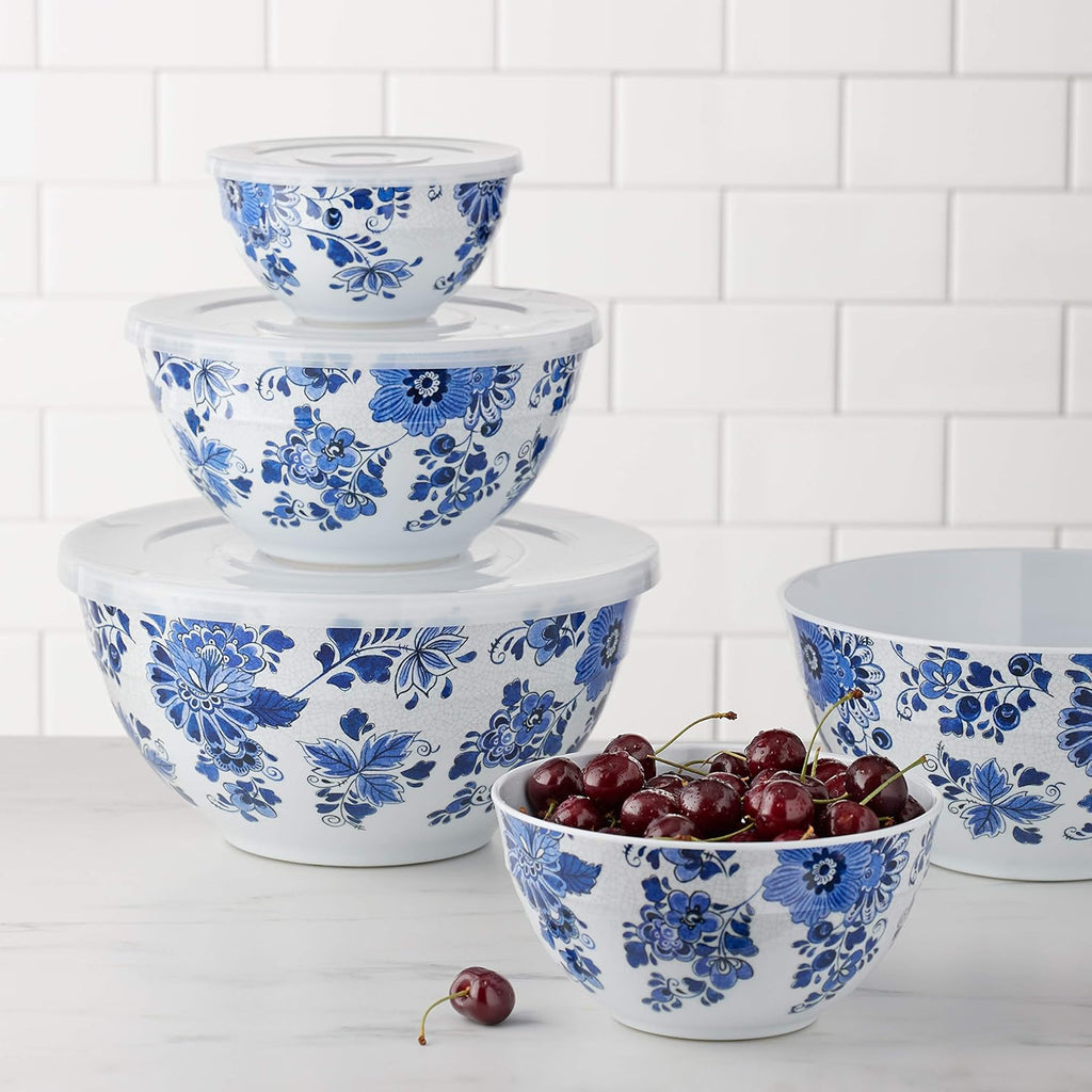 Mixing Bowls with Lids, Nesting Melamine Serving Bowls, Non-Slip Base, BPA Free, Dishwasher Safe, 5 Sizes, Blue and