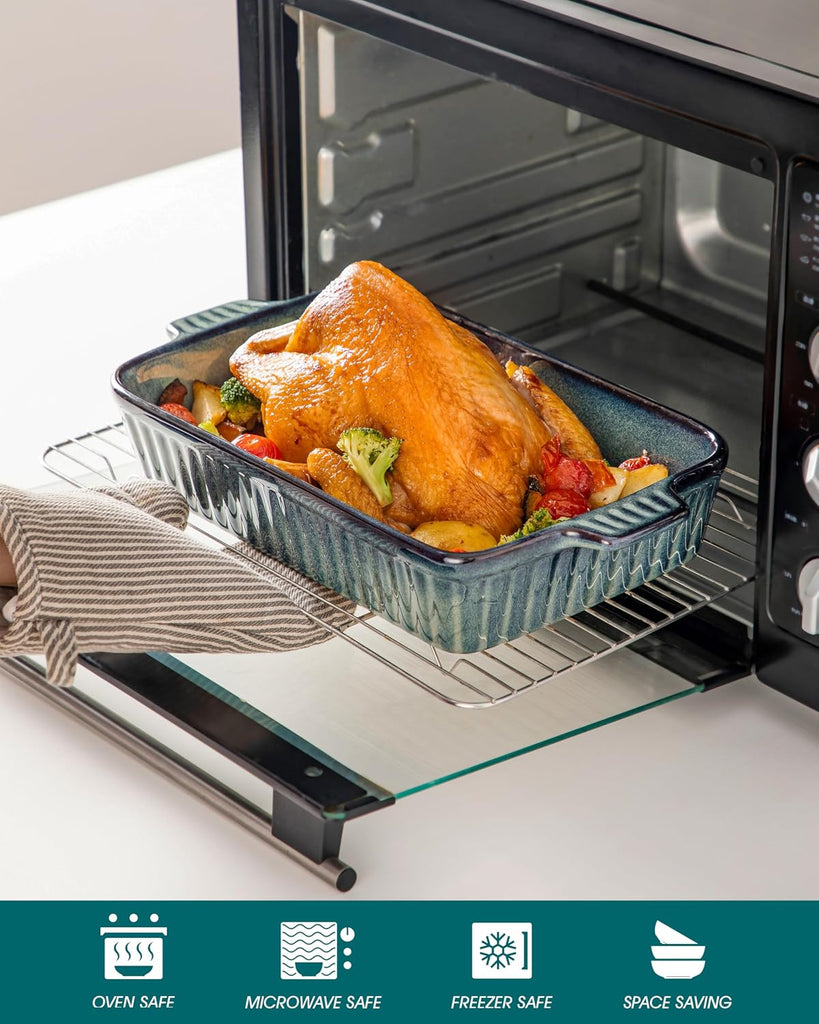 Ceramic Casserole Dishes for Oven, Reactive Glaze Dishes Set of 4, Deep Rectangular Lasagna Pans with Handles