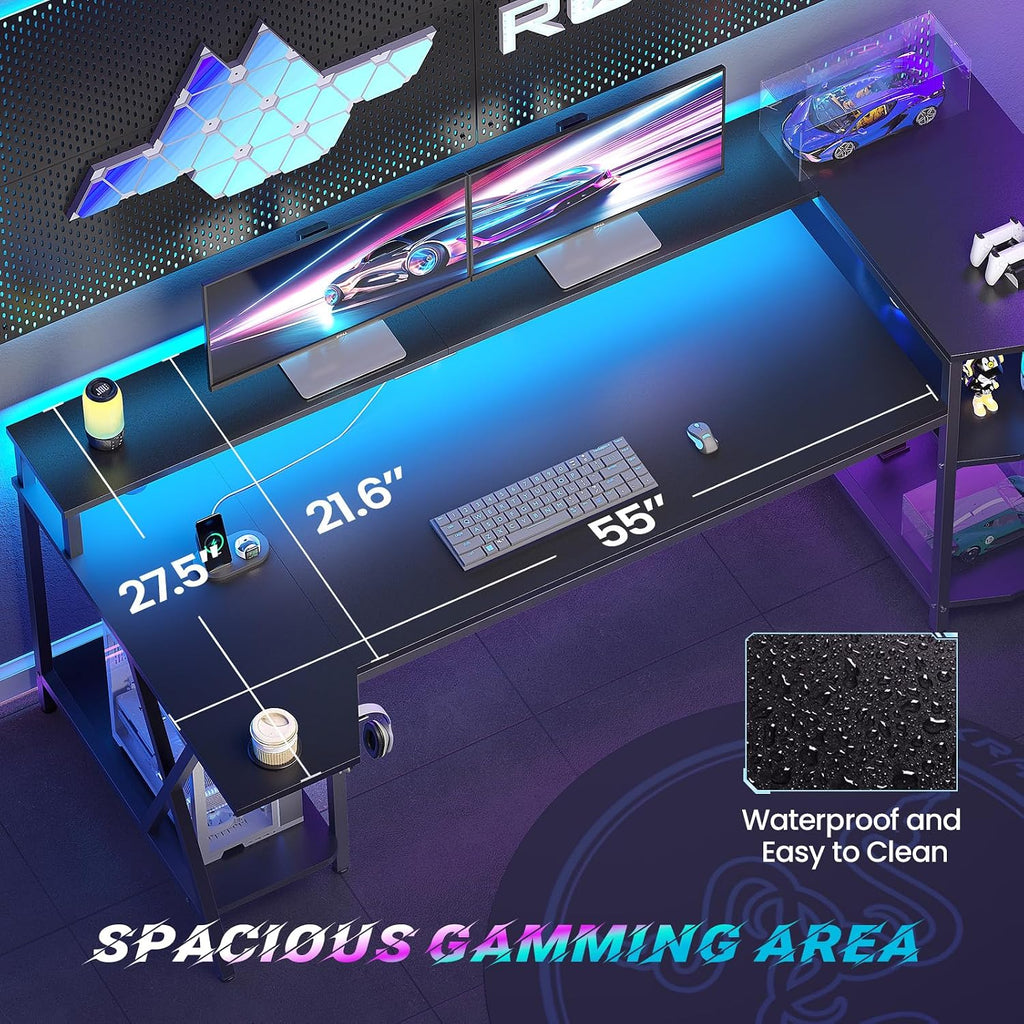 Gaming Desk 70.8'' with LED Lights, Storage Shelves,Power Outlets | Computer Desk with Monitor Stand and Cup Holder