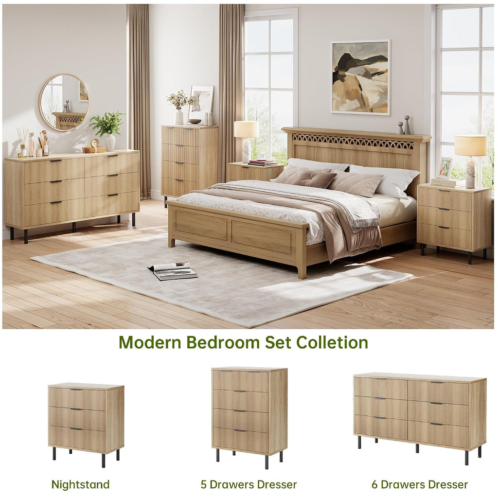 Oak Fluted 5 Drawer Dresser , Modern Wood Chest of Drawers with Wide Drawers, Closet Dresser Organizer with