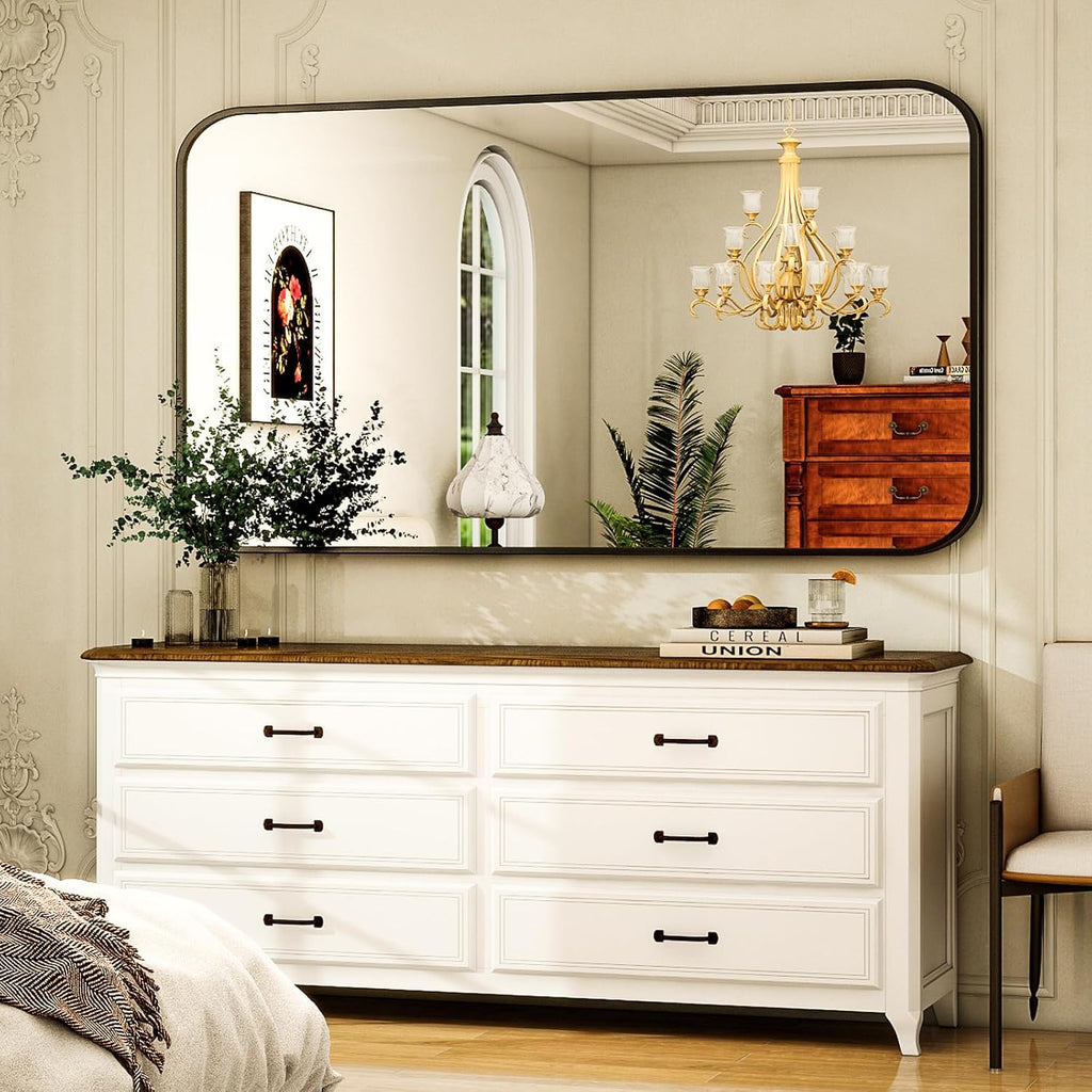 30 x 48 Inch Bathroom Mirror, Rounded Rectangular Vanity Mirror for Wall, Modern Mirror for Room Decor, Black Framed