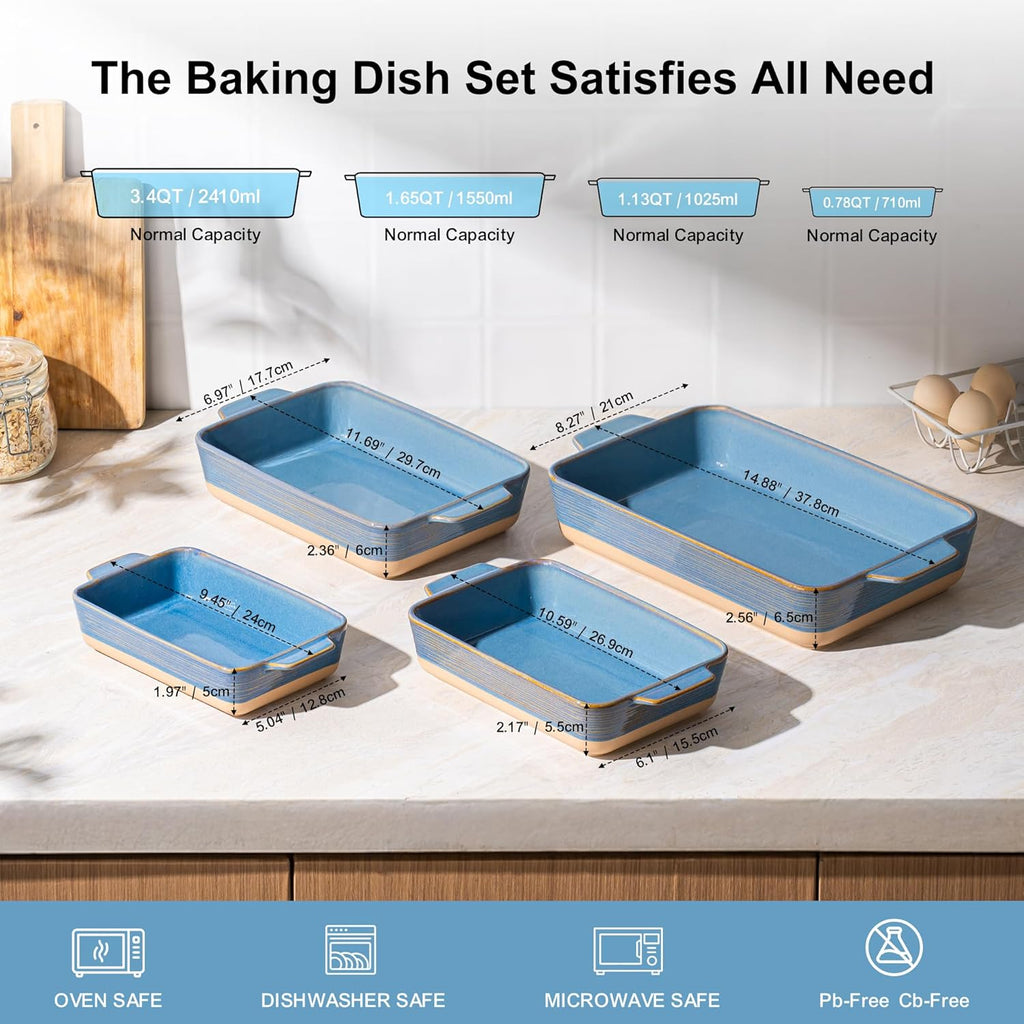 Casserole Dishes for Oven, Dishes, Ceramic Bakeware Sets of 4, Rectangular Pan Set with Handles for , Casserole