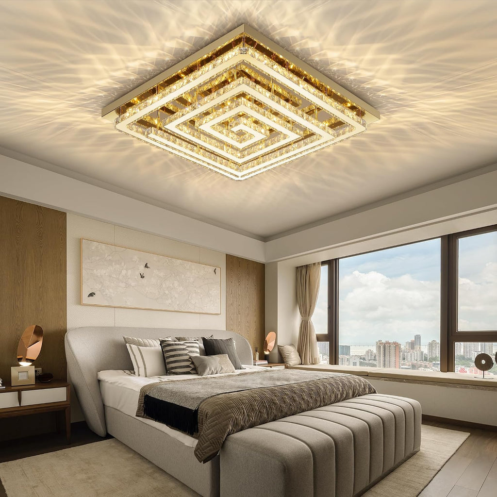 43" Modern Gold Crystal Chandelier with Remote/App Control, Dimmable Flush Mount Ceiling Light Fixture,3-Color
