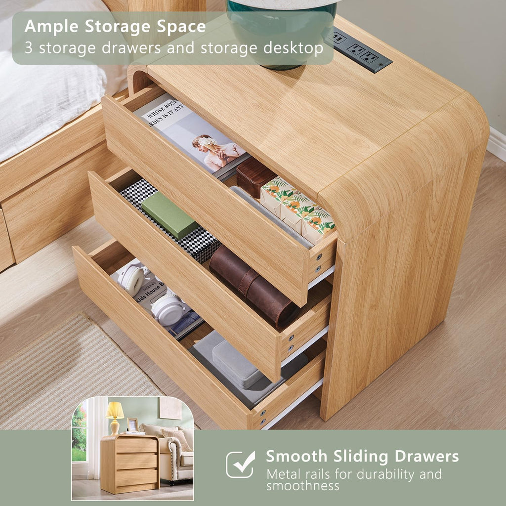 25" Tall Modern Nightstand with Charging Station, 23.6'' Wide Wood Bedside Table w/3 Storage Drawers, Small Dresser