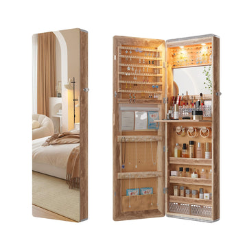 Over the Door Jewelry Organizer with LED Lights, 47.2" Full Length Mirror with Storage, Wall Mounted Jewelry Armoire