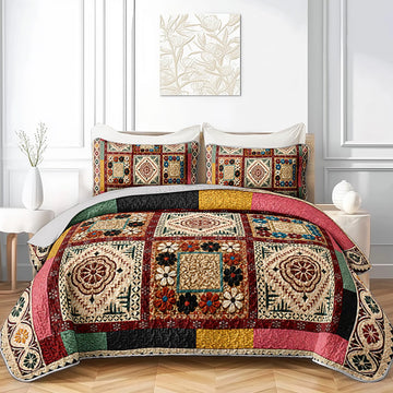 Vintage Bohemian Floral Patchwork Quilt, Geometric Bedspread.