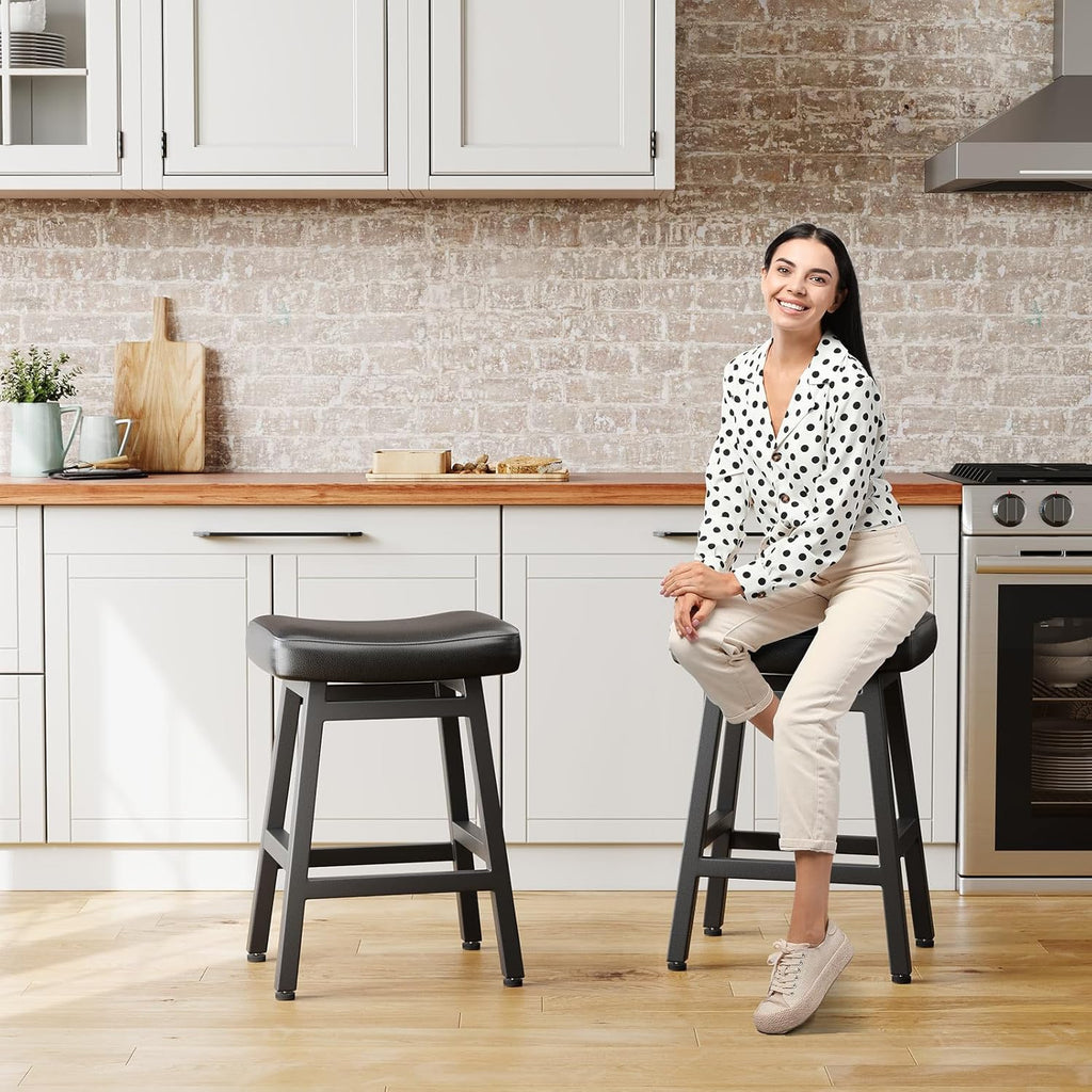 Counter Height Bar Stools Set of 2, 24 Inch Barstools Counter, Kitchen Stools with Bonded Leather Saddle Seats