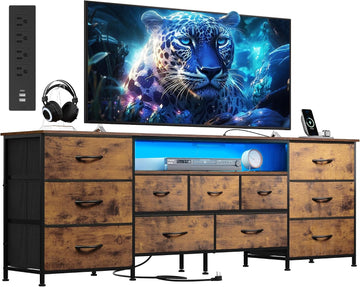 75.5" TV Stand for 65, 75, 80, 85 Inch TV, Dresser for Bedroom with Power Outlets & LED Lights, 11 Drawer Fabric