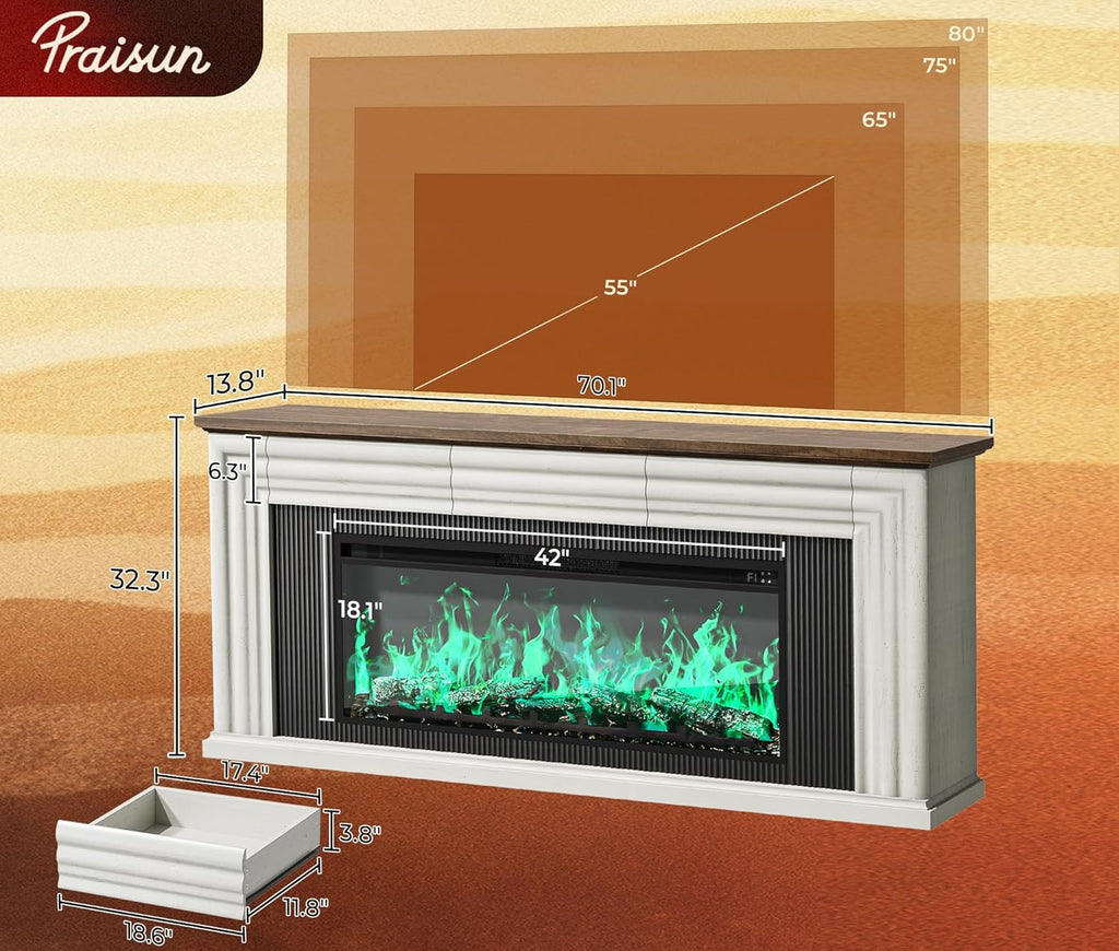70'' Fireplace TV Stand with 42'' Electric Fireplace, Farmhouse TV Stand for 65 75 Inch TV, Entertainment Center TV
