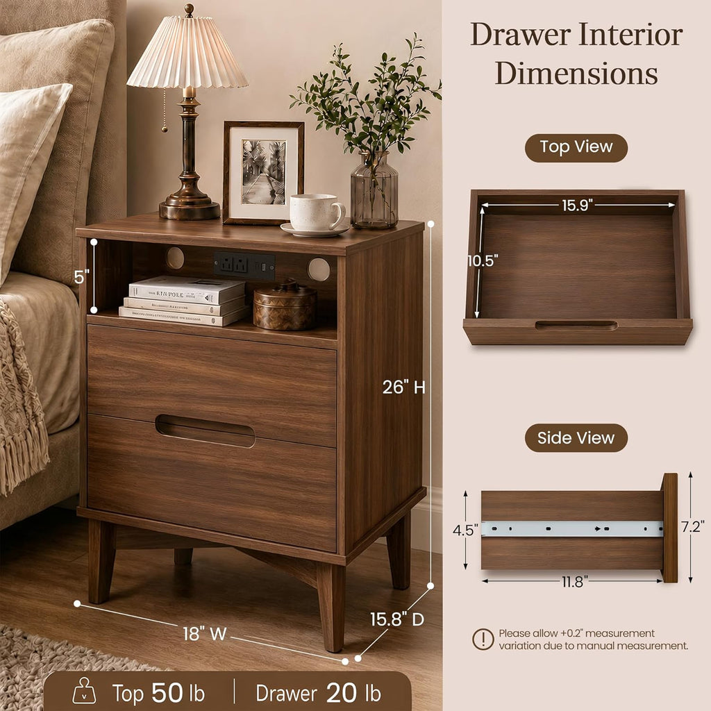 26-Inch Tall Mid Century Modern Set of 2 Nightstands, Dark Walnut | Dual charging stations, 2 drawers per table