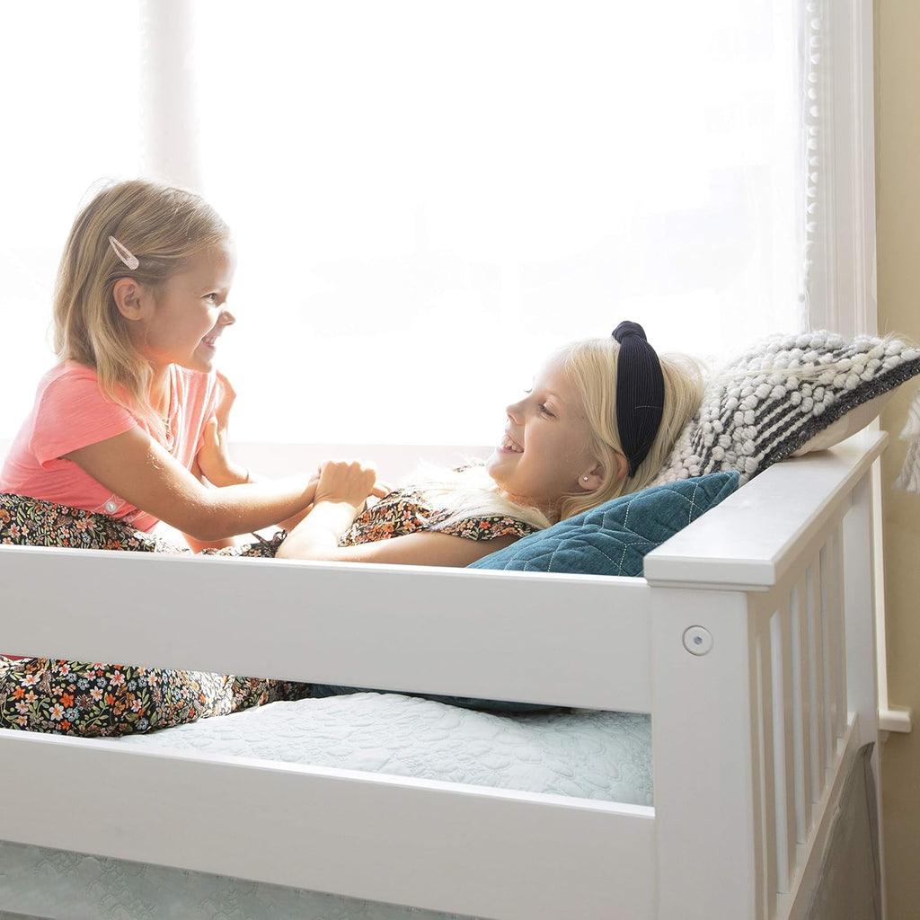 Low Bunk Bed, Twin-Over-Twin Bed Frame For Kids With Stairs, White