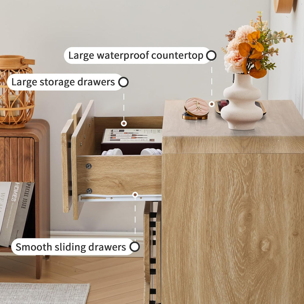 3 Drawer Dressers , 31.5" Wide Large Mid Century Modern Fluted Nightstand, Wood Dresser & Chest of Drawers with