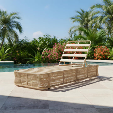 Patio Chaise Lounge Chair Outdoor, Metal Poolside Sun Lounger with Cross-Weave Rope Accent, 5-Position