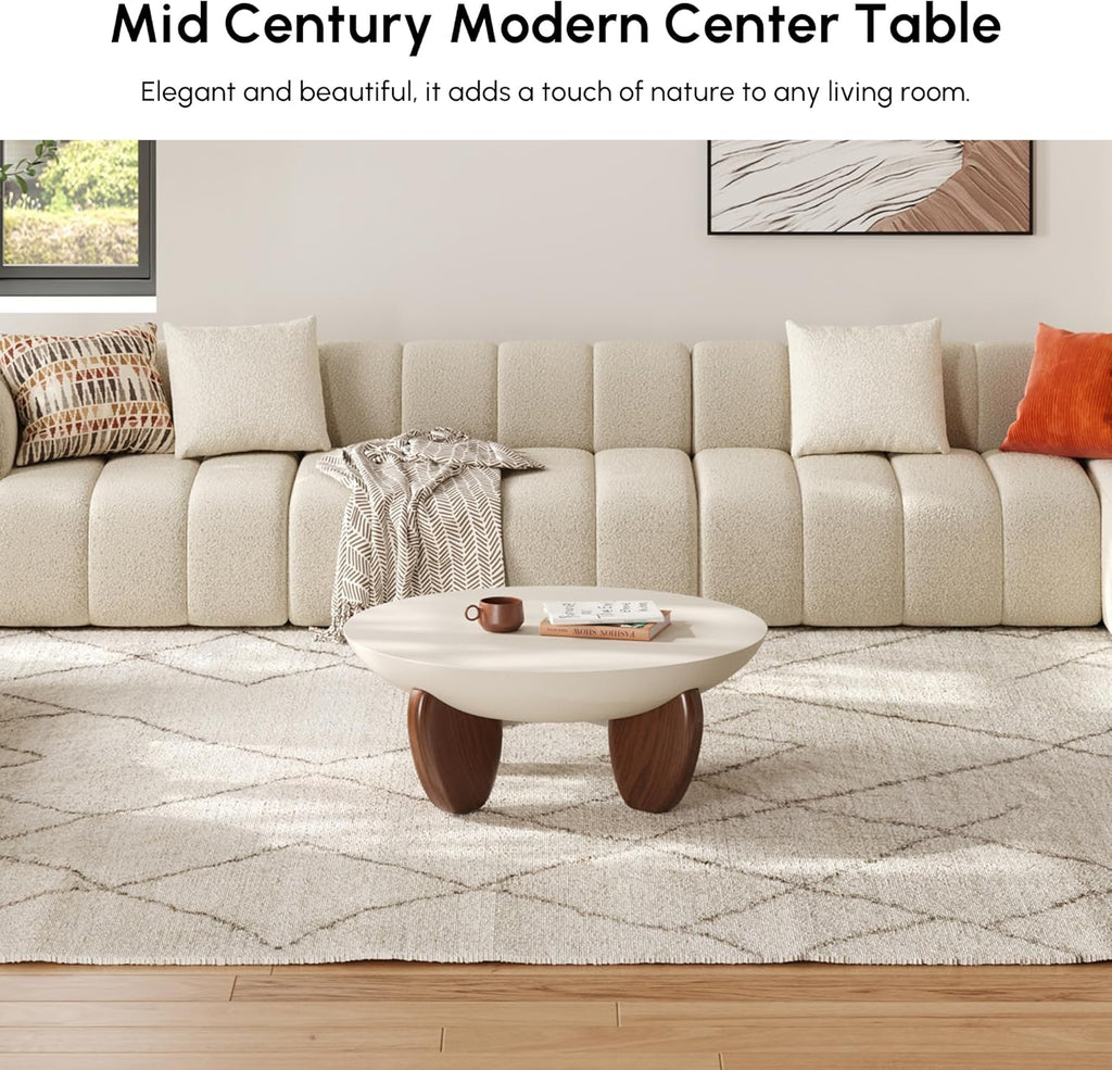Round Concrete Coffee Table with Premium Walnut Ash Wood Legs, Modern Minimalist Cement Finish Center Table