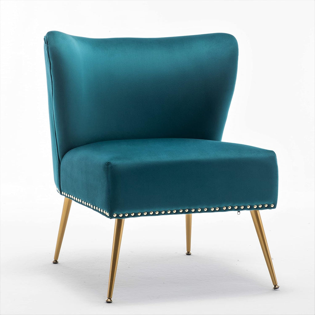 Thia Armless Velvet Accent Chair , Elegant Seat with Nailhead Trim, Gold Metal Legs and Comfortable Curved Back, 28"