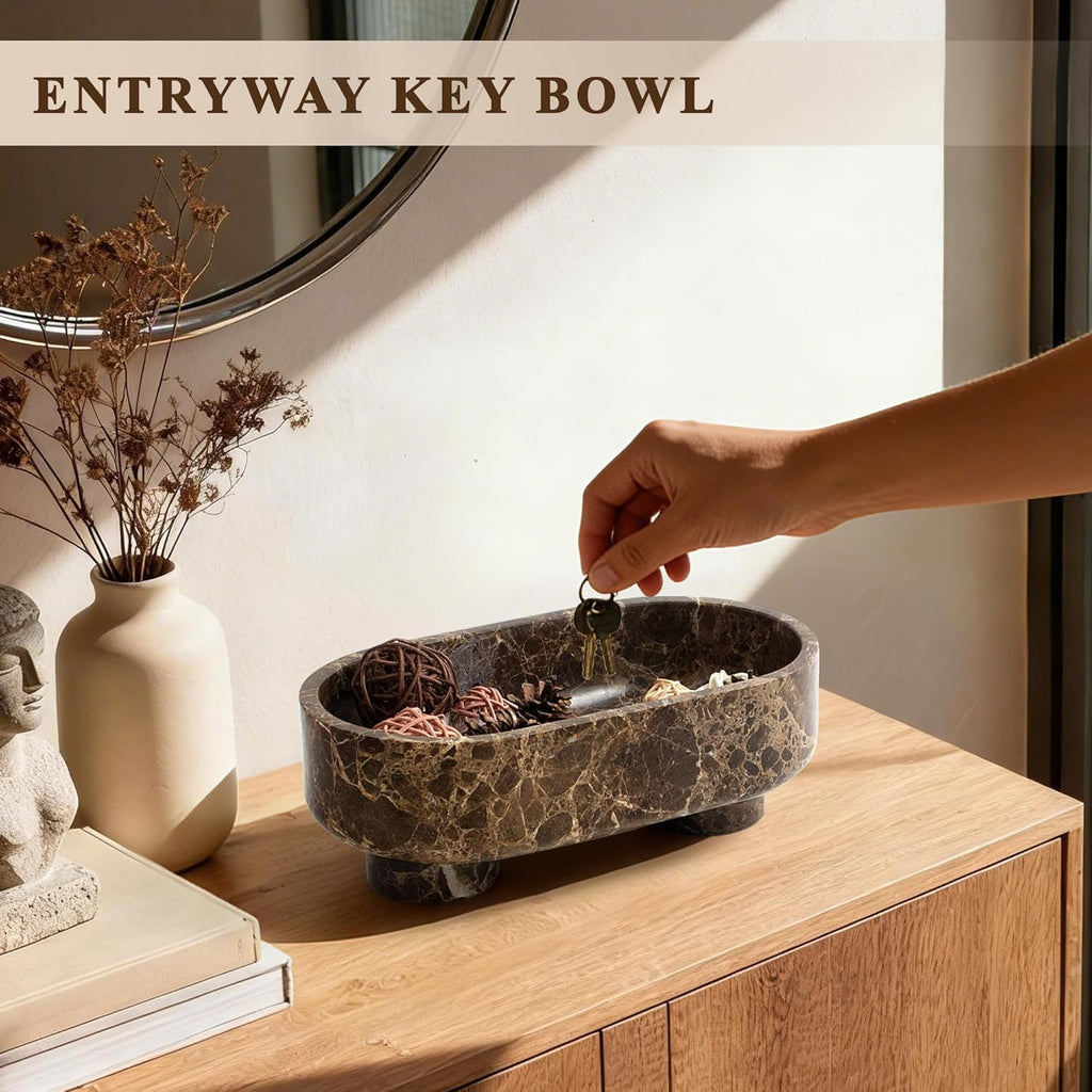 Natural Oval Marble Fruit Bowl, Two-Legged Decorative Bowl Dark Brown | 10" Large Handcrafted Marble Catchall Bowl