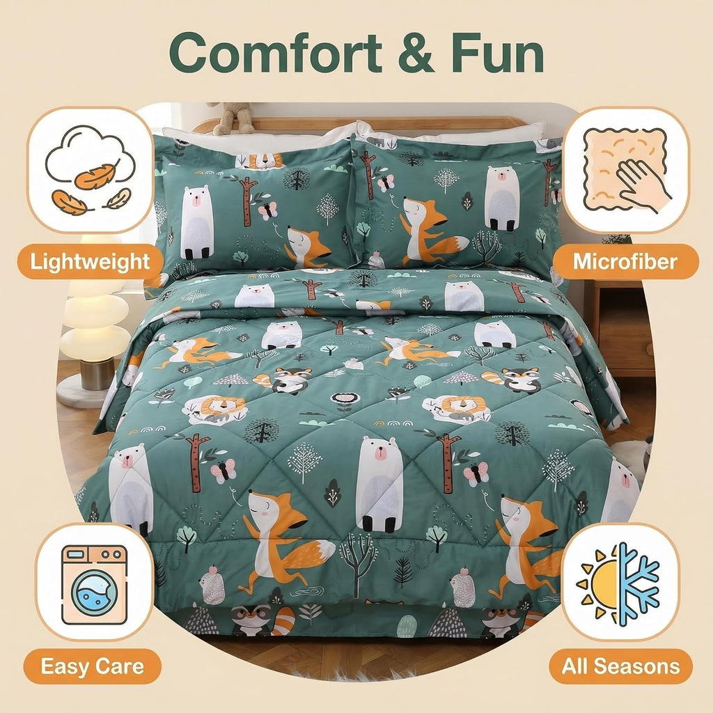 Green Forest Animals Kids Comforter Set, 2 Piece Woodland Printed Microfiber Bedding Set, Machine Washable