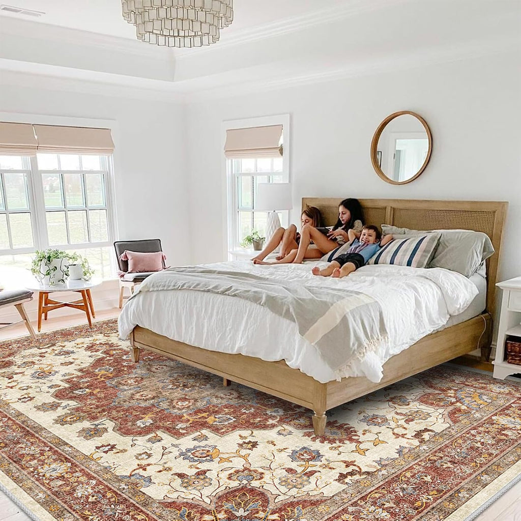 Washable Oriental Area Rug - 9x12 Rugs Soft Carpet Waterproof Floral Distressed Indoor Stain Resistant Non-Shedding