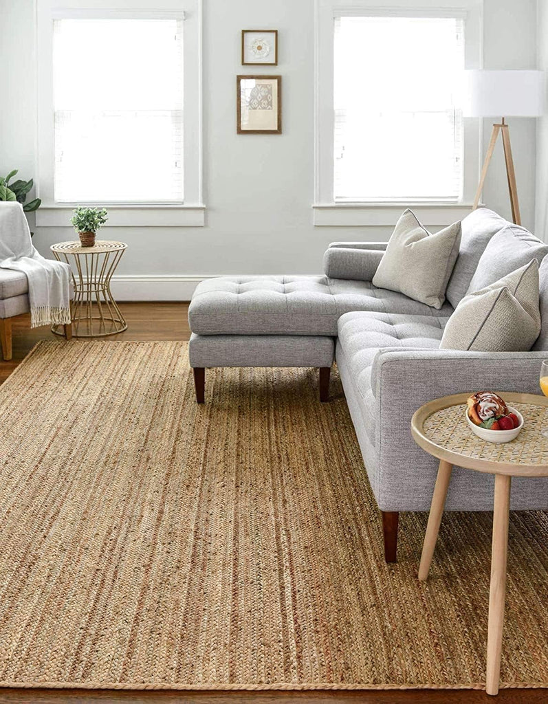 Handwoven Jute Area Rug - 9x12 Feet Natural Yarn - Rustic Vintage Beige Braided Reversible Rectangular Rugs