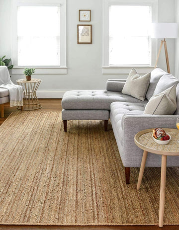 Handwoven Jute Area Rug - 9x12 Feet Natural Yarn - Rustic Vintage Beige Braided Reversible Rectangular Rugs