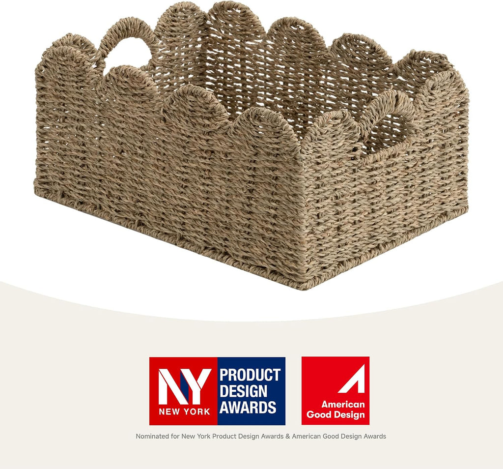 Scalloped Seagrass Baskets, Hand-woven Rattan Baskets with Built-in Handles, Cute Baby Basket , Basket for Organizing