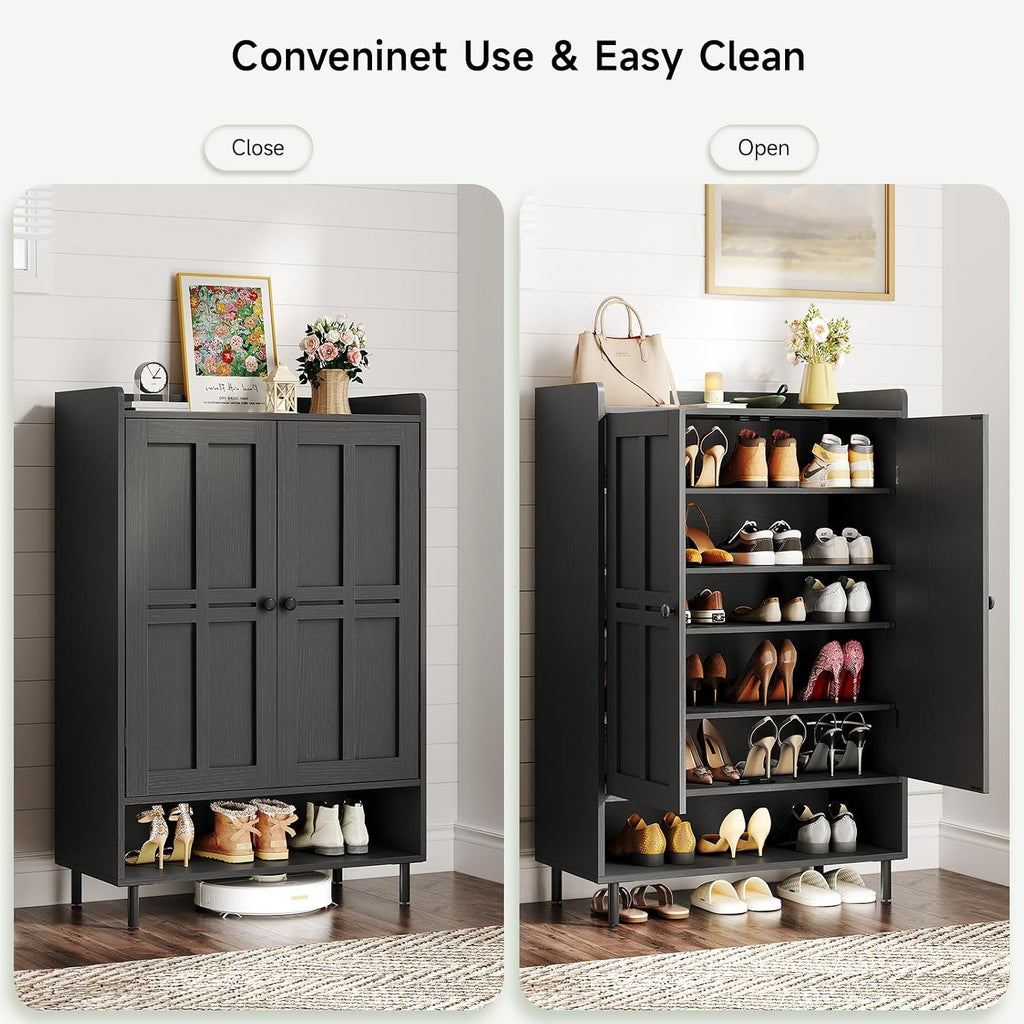 Shoe Cabinet with Cross Molding Doors, 6-Tier Shoe Storage Cabinet with 3 Adjustable Shelves and Metal Legs, 45''
