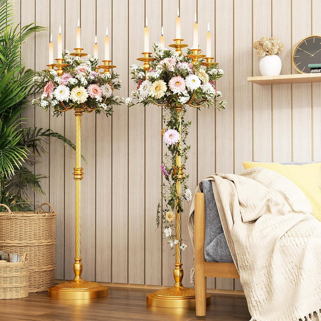 2 Pcs Floor Candelabra 50 Inch Gold Candelabra Centerpiece 5 Arms Floor Standing Candelabra Gold Candlestick Holder