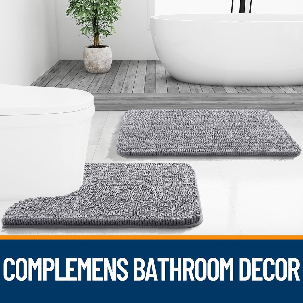 Bathroom Rugs Sets 2 Piece, Soft Absorbent Chenille Bath Mats and U-Shaped Contour Toilet Mat Area Rug Set, Machine