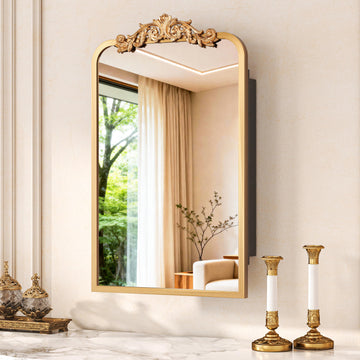 24"x16" Bathroom Medicine Cabinet with Vintage Arched Mirror - All-Metal Gold Medicine Cabinets with Hand-Painted