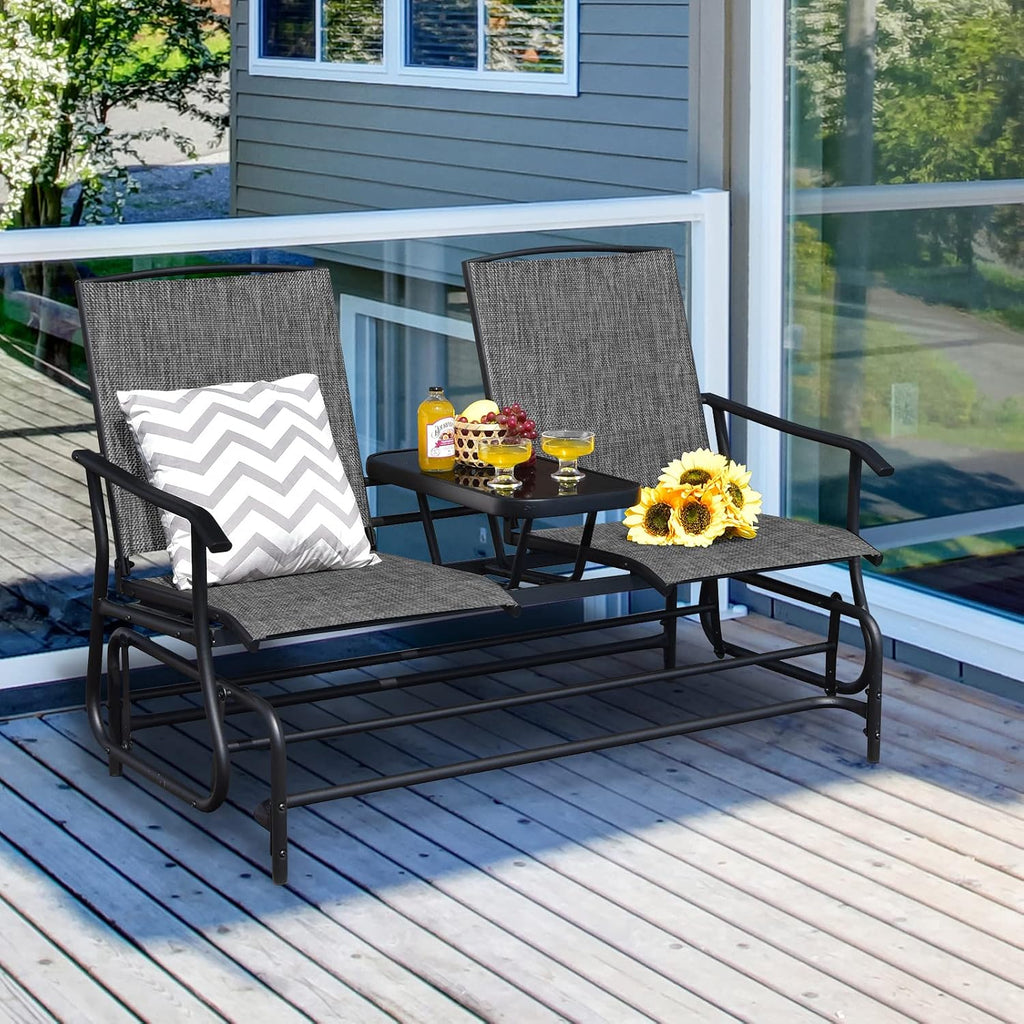 Patio Bench Glider Chair with Metal Frame, Center Tempered Glass Table, Outside Double Rocking Swing Loveseat for