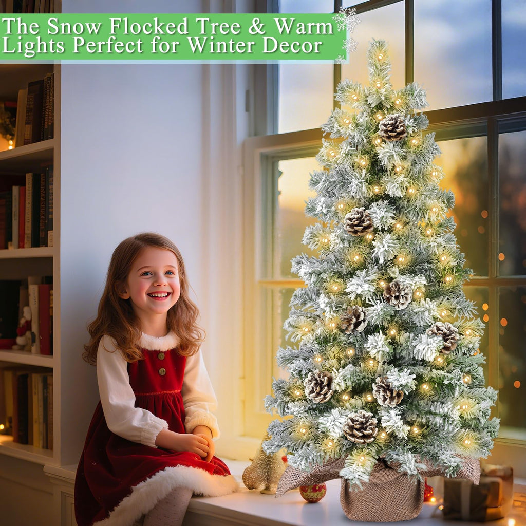 Timer - 3FT Artificial Mini Christmas Tree, Flocked Tabletop Christmas Tree