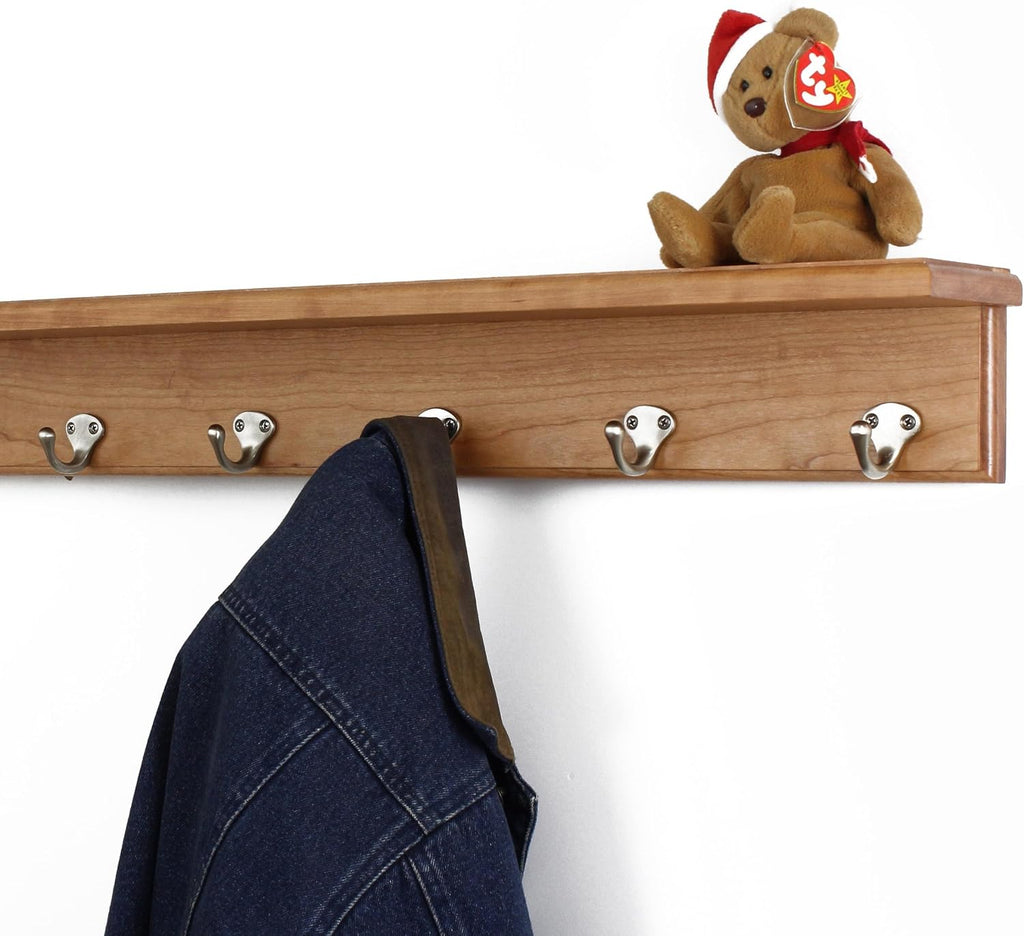 Solid Cherry Shelf Coat Rack with Satin Nickel Single Style Hooks (Cherry, 53" with 10 Hooks)