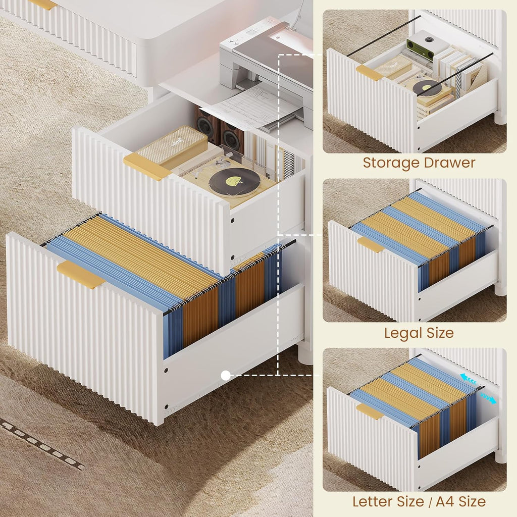 Office Desk with 4 Storage Drawers, 59" Fluted Wood Gaming Computer Desk with LED Lights and Power Strip