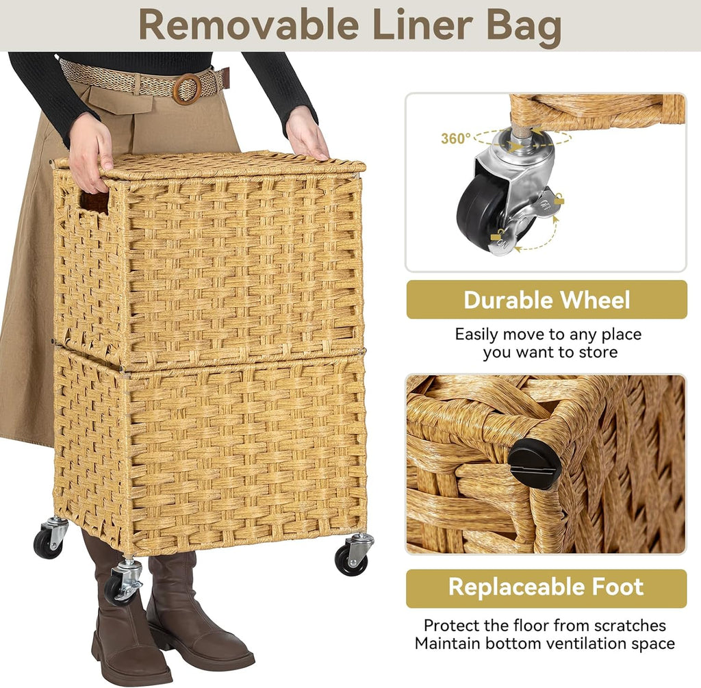 Wicker Laundry Basket with Wheels,Rolling Laundry Hamper with Lid | 90L Slim Clothes Hamper with Wheels & Removable