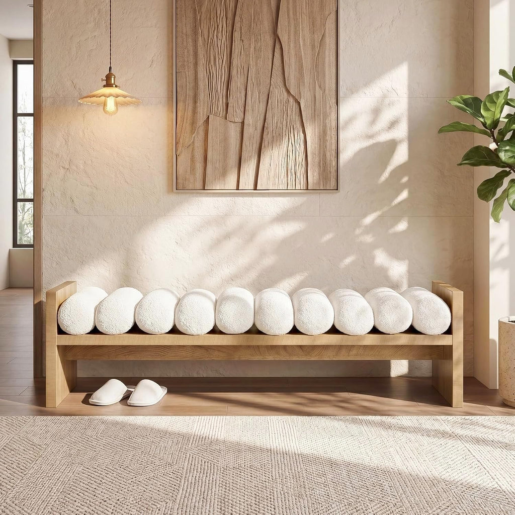 59'' Wooden Entryway Bench with Boucle Cushion, Upholstered Fabric End of Bed Bench, Aesthetic Large Oval Ottoman
