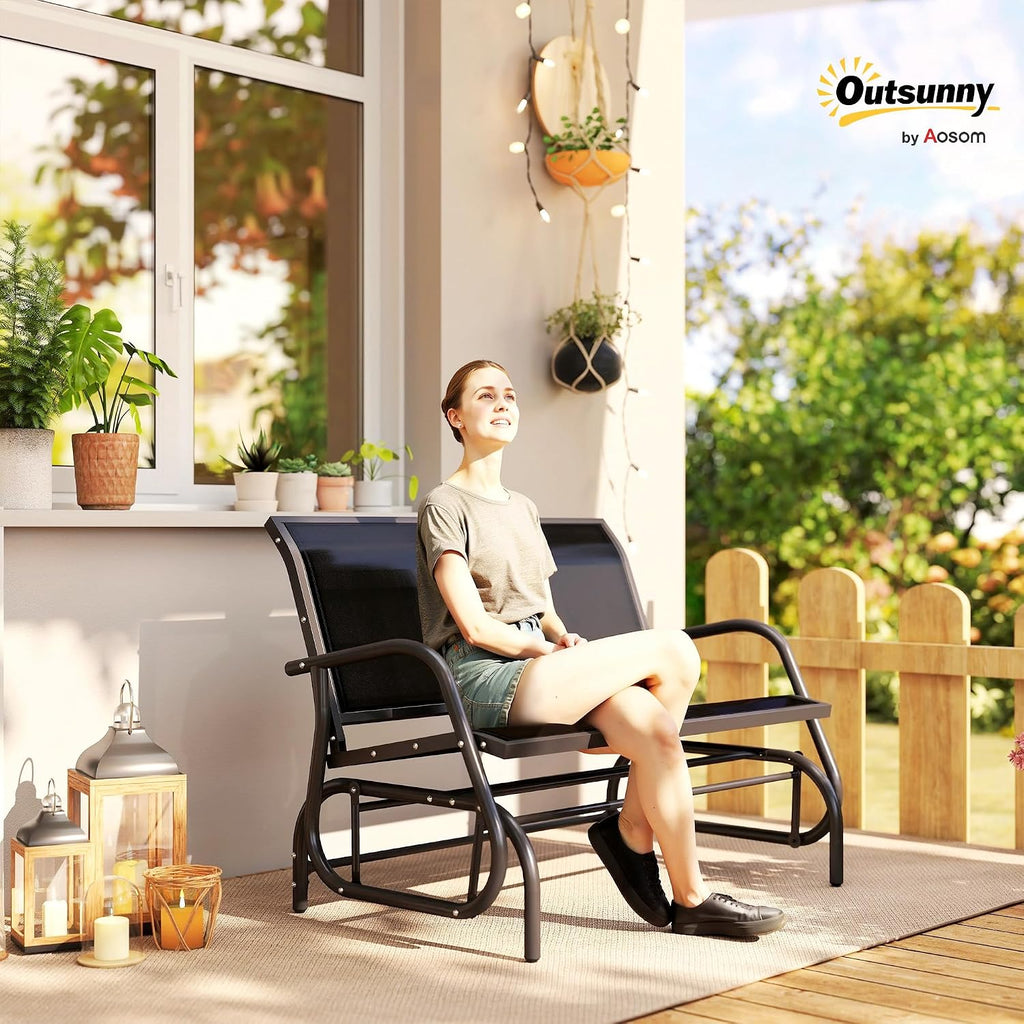 2-Person Outdoor Glider Bench with Steel Frame, Black | Double Swing Rocking Chair, Loveseat, for Outside Patio