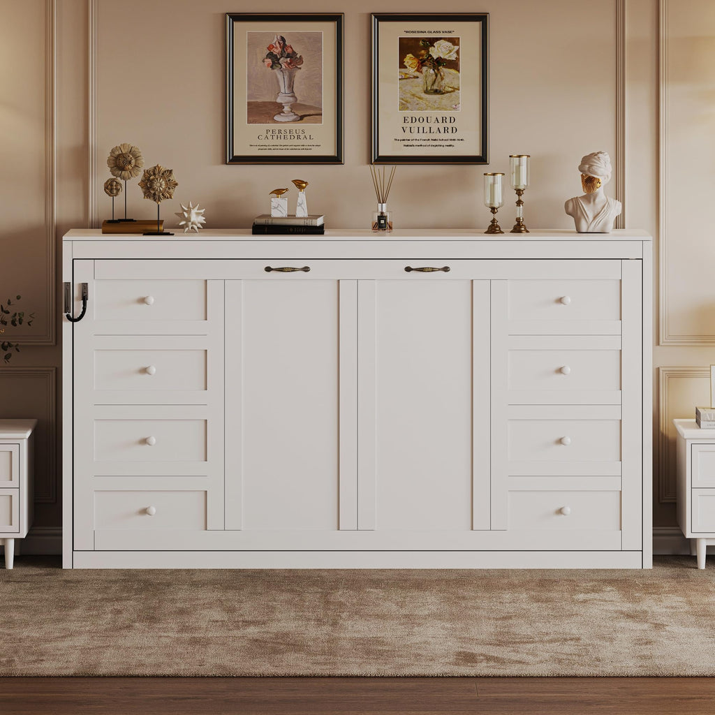 Twin Horizontal Murphy Bed Cabinet with LED, White