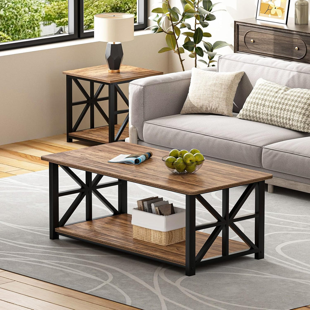 Coffee Table with Round Corner, Farmhouse Center Table with 2-Tier Storage Shelf X-Frame Design, 39 inch Walnut