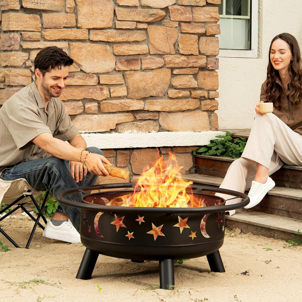 32 Inch Round Fire Pit with Mesh Cover, Fire Poker, Star and Moon Design, Metal Wood Burning Outdoor Firepit