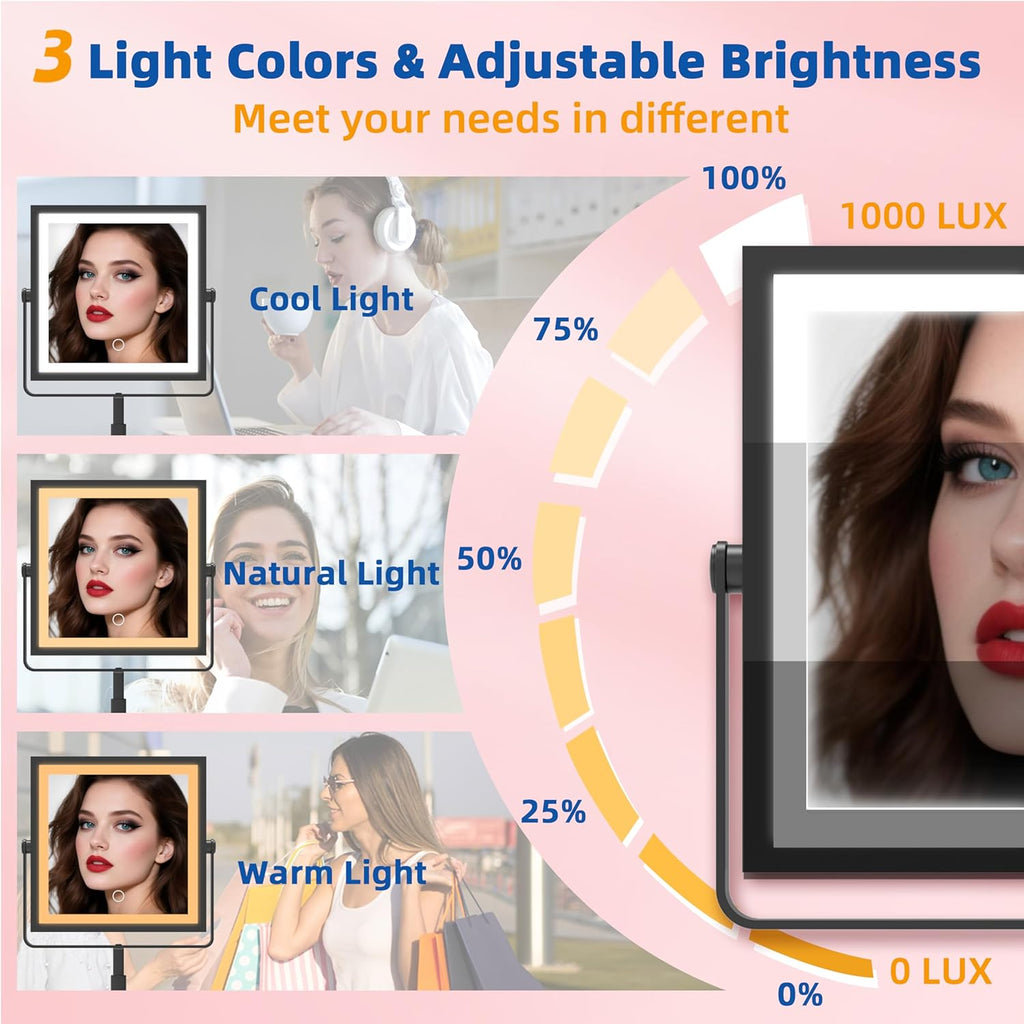 Makeup Mirror with Lights, 4000mAh Rechargeable Magnifying Mirror with Light, 1X/10X, Height Adjustable Bathroom