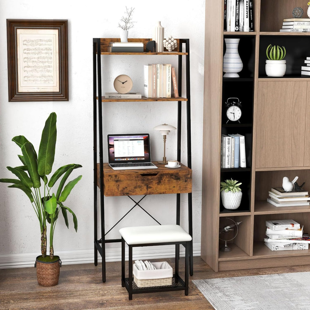 Vanity Desk Set with Flip-up Mirror, Ladder Vanity Table and Cushioned Stool Set w/ 4 Storage Compartments, Small
