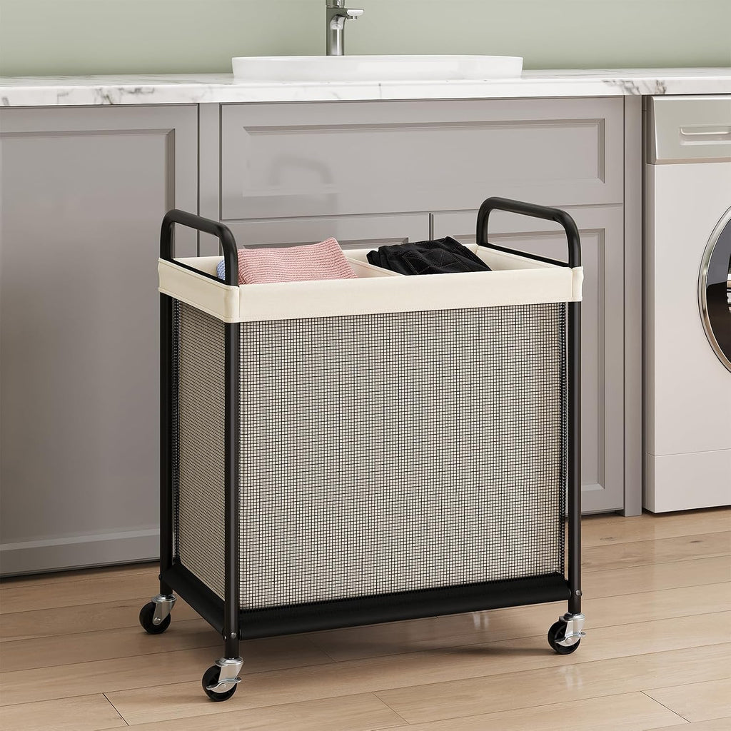 Laundry Hamper 2 Section, 100L Rolling Laundry Sorter with Wheels | Removable Washable Liner Bags, Sturdy Steel Frame