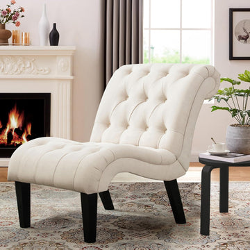 Mid Century Modern Accent Chair, Button Tufted Armless Lounge Chair, Upholstered Linen Side Chair with Solid Wood Legs