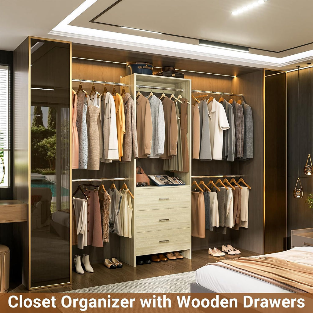 Closet System, Closet Organizer with 3 Wooden Drawers, Closet Organizer System, Walk-in Closet Wardrobe Clothes Rack