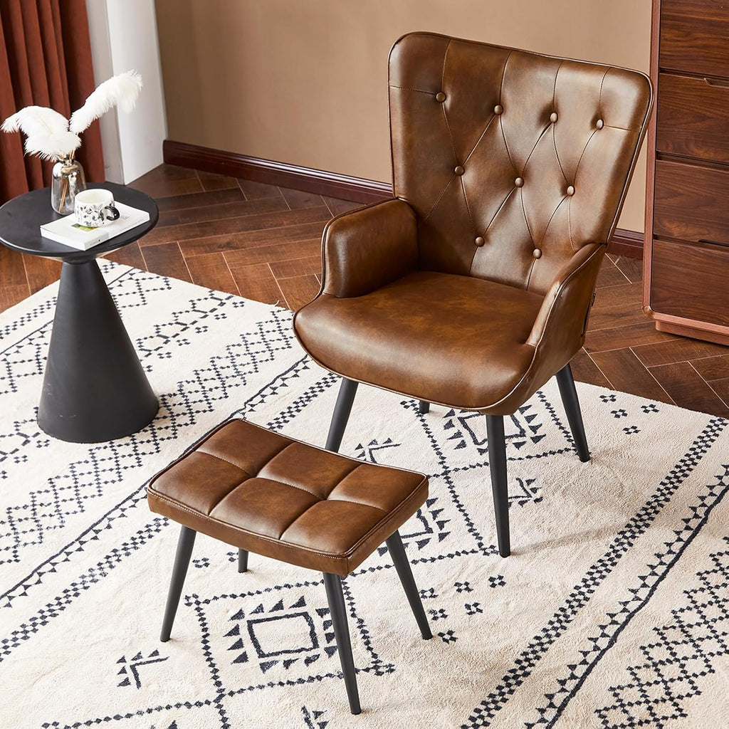 PU Leather Accent Chair with Ottoman, Upholstered Reading Chair with High Backrest, Tufted-Button Wingback Armchair