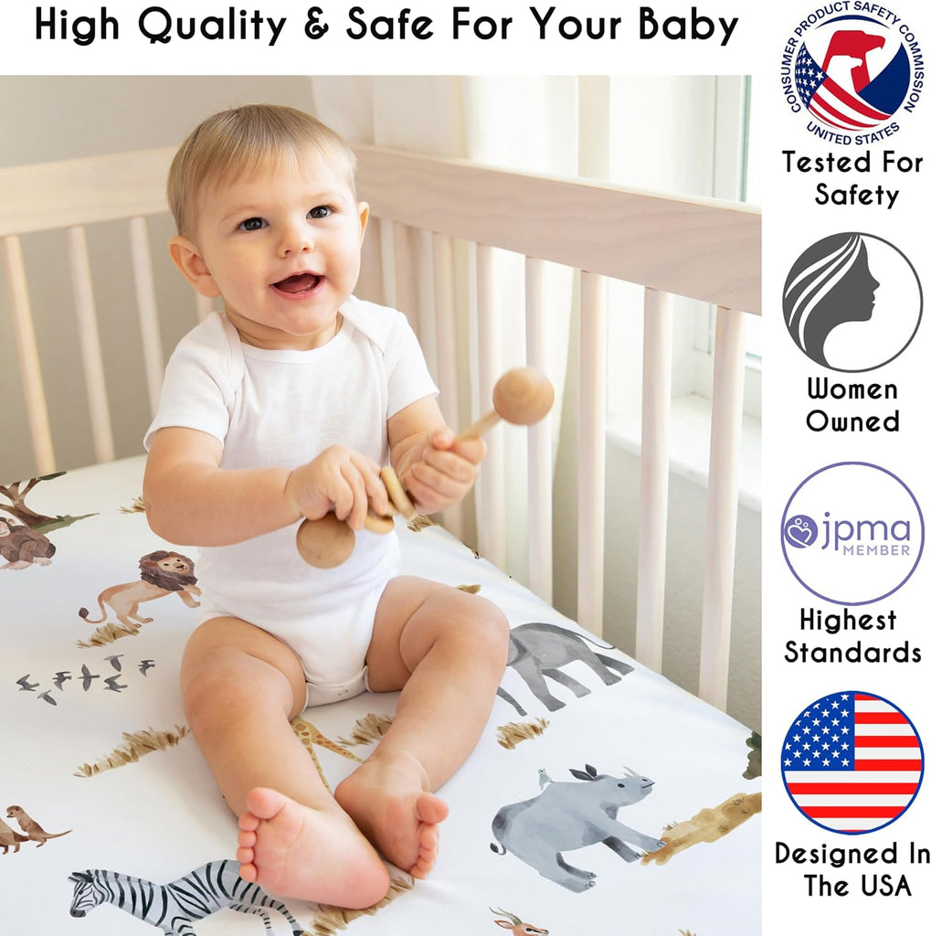 2-Piece Baby Crib Sheets Set (Jungle Safari Animals) for Boys or Girls, Infant Nursery, Toddler Room - Standard Size