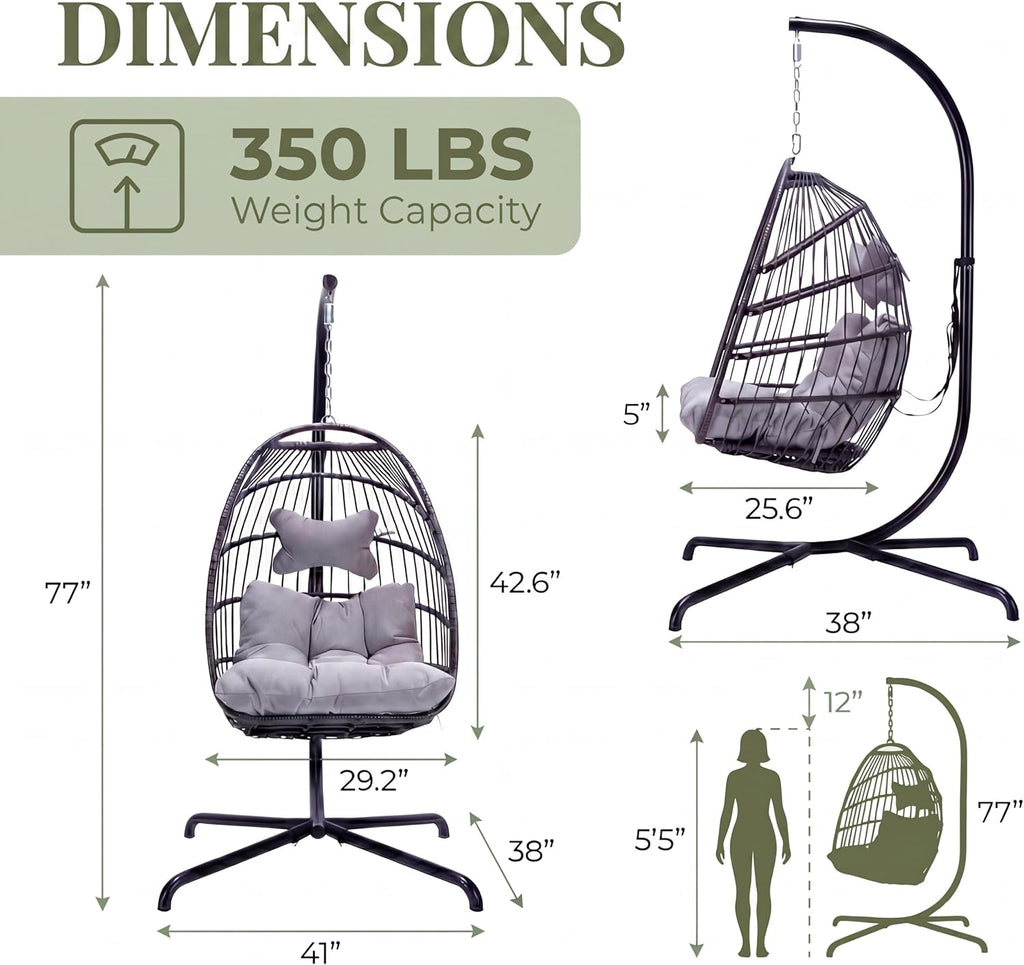 Outdoor Egg Chair with Stand, Wicker , Light Grey | 350 lbs Heavy Duty, Wicker Rattan Hanging Hammock Chair, Single