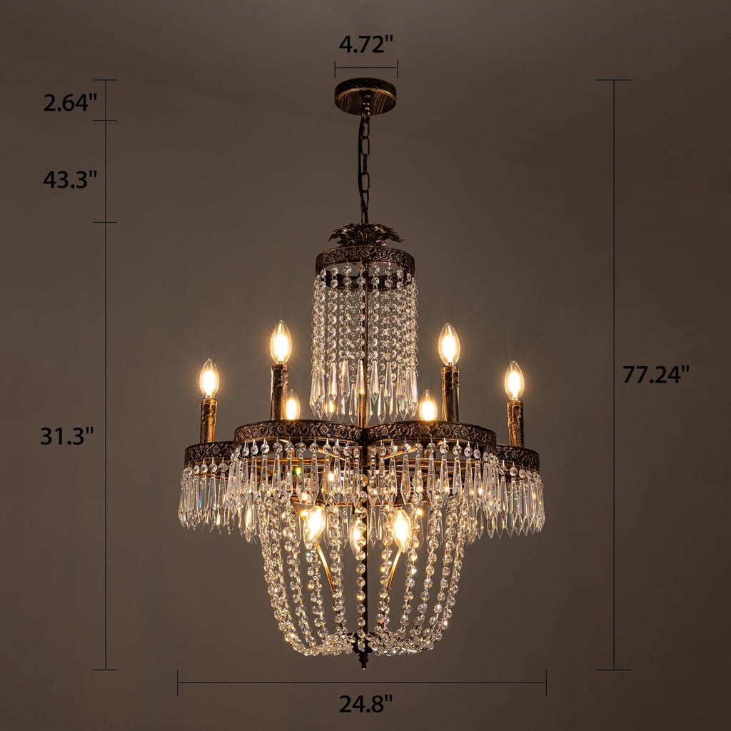 Crystal Chandelier for Dining Room, 25" French Empire Crystal Chandeliers for Bedroom, Rustic Farmhouse Chandelier Antique Bronze Kitchen Island Light Fixture for Living Room Foyer Entryway