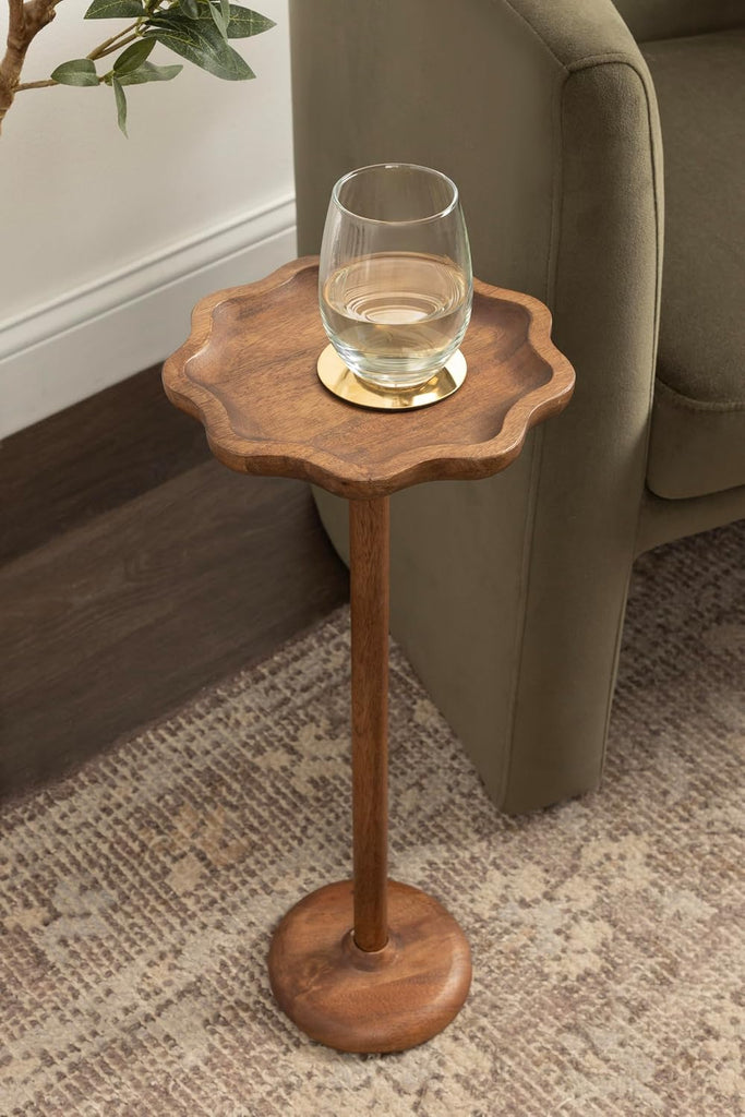 Alezar Modern Mango Wood Drink Table, 9 x 9 x 22, Walnut Brown, Transitional Round Pedestal Table with Wavy Edge for