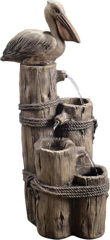 35.42" 4-Tier Pelican and Driftwood Pier Post Outdoor Cascading Water Fountain, Brown